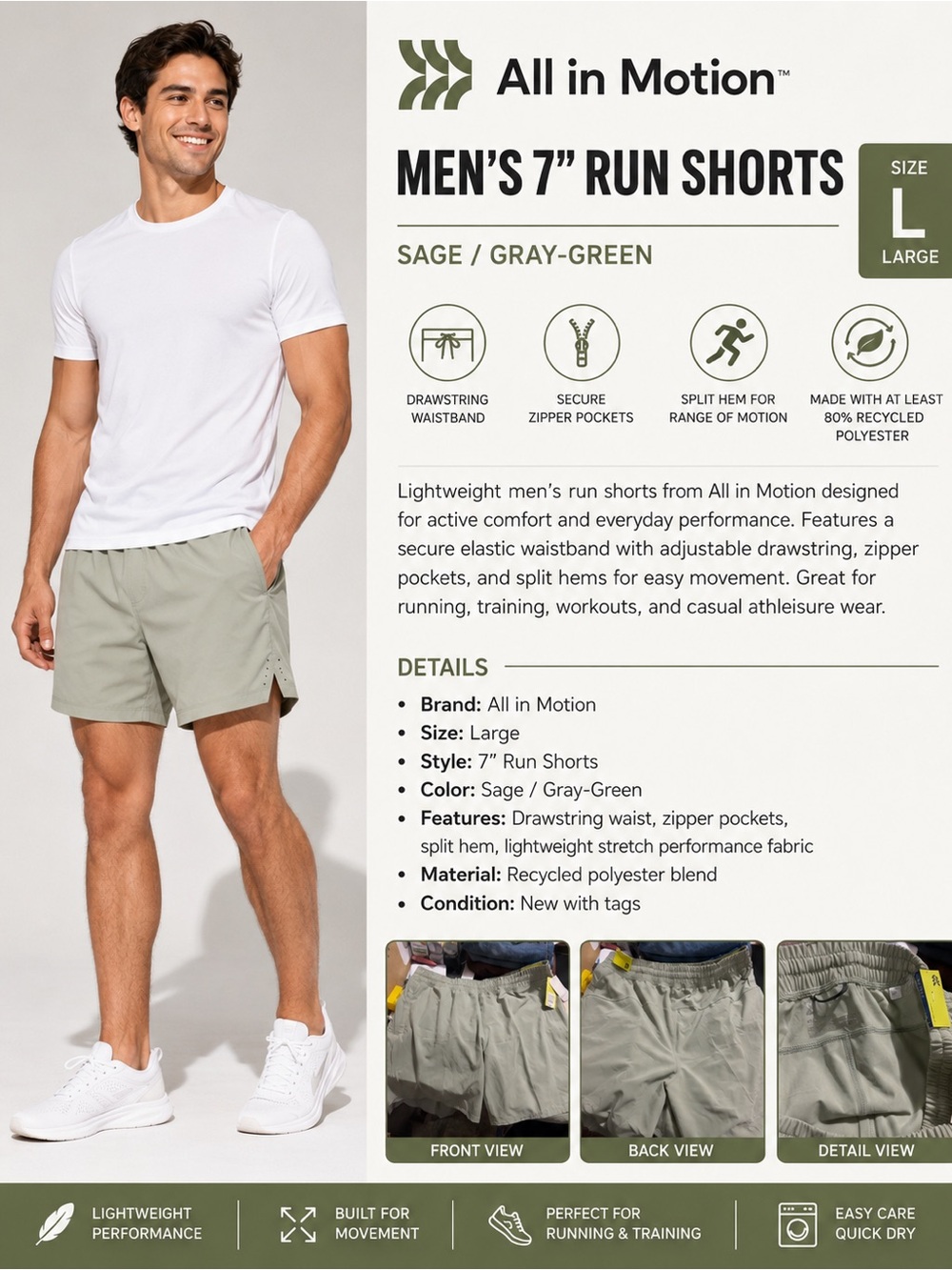 All in Motion Men’s 7" Run Shorts — Sage Gray-Green